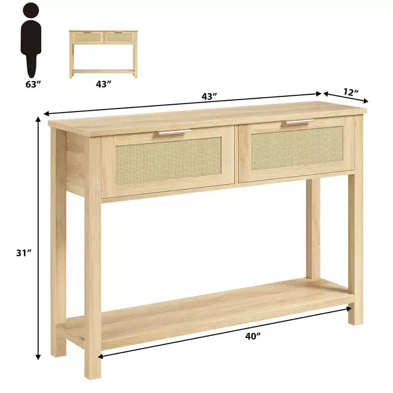 TROPOW Table Console 43 Pouces en Rotin, Table d'Entrée avec 2 Tiroirs, Étagère de Rangement, Design Tressé, Table de Canapé de Ferme, Meuble TV