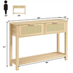 TROPOW Table Console 43 Pouces en Rotin, Table d'Entrée avec 2 Tiroirs, Étagère de Rangement, Design Tressé, Table de Canapé de Ferme, Meuble TV