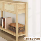 TROPOW Table Console 43 Pouces en Rotin, Table d'Entrée avec 2 Tiroirs, Étagère de Rangement, Design Tressé, Table de Canapé de Ferme, Meuble TV