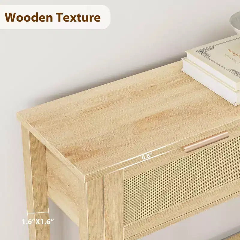 TROPOW Table Console 43 Pouces en Rotin, Table d'Entrée avec 2 Tiroirs, Étagère de Rangement, Design Tressé, Table de Canapé de Ferme, Meuble TV