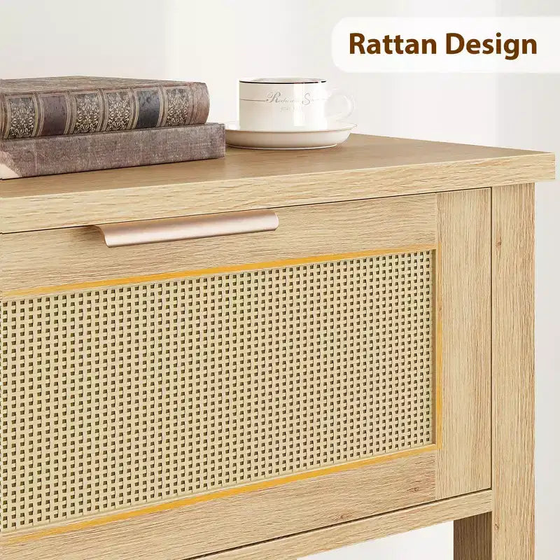 TROPOW Table Console 43 Pouces en Rotin, Table d'Entrée avec 2 Tiroirs, Étagère de Rangement, Design Tressé, Table de Canapé de Ferme, Meuble TV