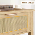 TROPOW Table Console 43 Pouces en Rotin, Table d'Entrée avec 2 Tiroirs, Étagère de Rangement, Design Tressé, Table de Canapé de Ferme, Meuble TV