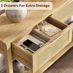 TROPOW Table Console 43 Pouces en Rotin, Table d'Entrée avec 2 Tiroirs, Étagère de Rangement, Design Tressé, Table de Canapé de Ferme, Meuble TV