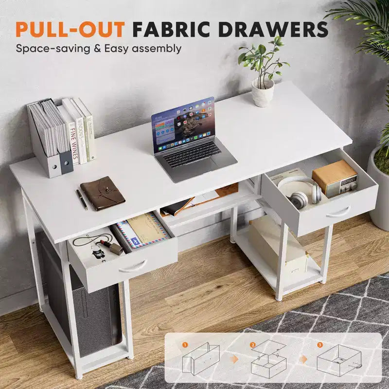 Bureau d'ordinateur Bestier avec tiroirs en tissu, bureau à domicile avec étagères de rangement, table d'étude moderne pour chambre à coucher avec pieds réglables