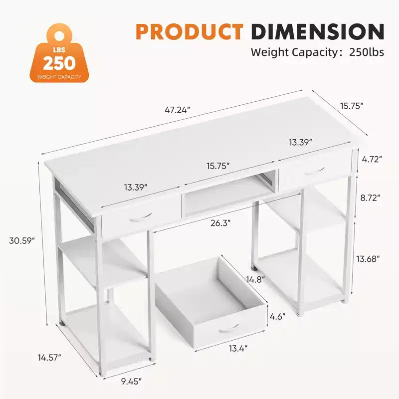 Bureau d'ordinateur Bestier avec tiroirs en tissu, bureau à domicile avec étagères de rangement, table d'étude moderne pour chambre à coucher avec pieds réglables