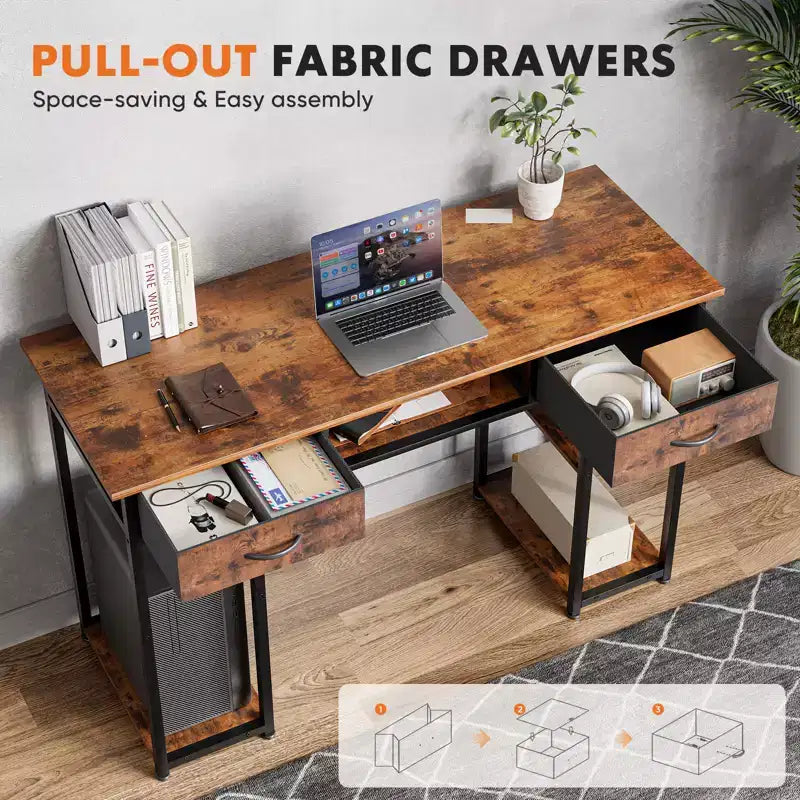 Bureau d'ordinateur Bestier avec tiroirs en tissu, bureau à domicile avec étagères de rangement, table d'étude moderne pour chambre à coucher avec pieds réglables