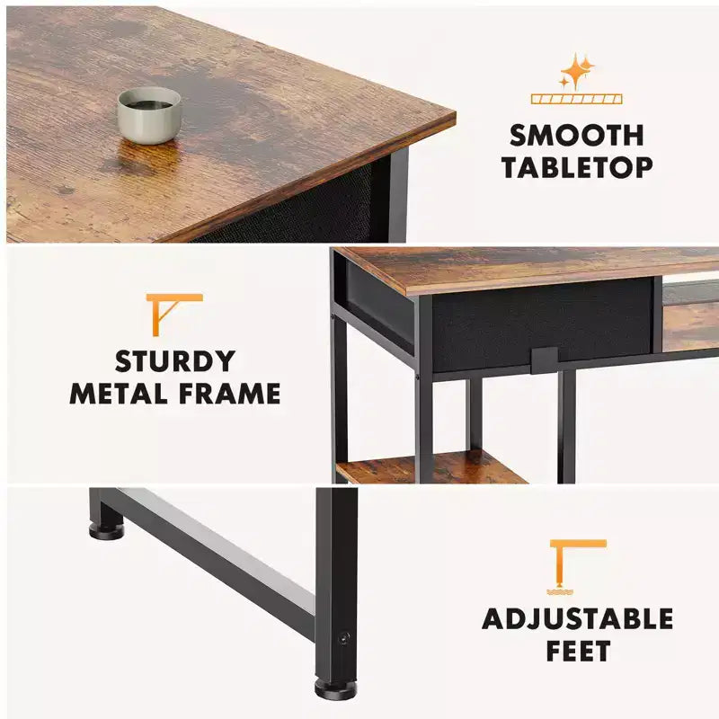 Bureau d'ordinateur Bestier avec tiroirs en tissu, bureau à domicile avec étagères de rangement, table d'étude moderne pour chambre à coucher avec pieds réglables