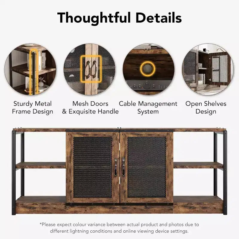 Meuble TV Acekool 63" style ferme - Console multimédia rustique avec portes grillagées pour TV jusqu'à 75 pouces