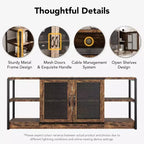 Meuble TV Acekool 63" style ferme - Console multimédia rustique avec portes grillagées pour TV jusqu'à 75 pouces