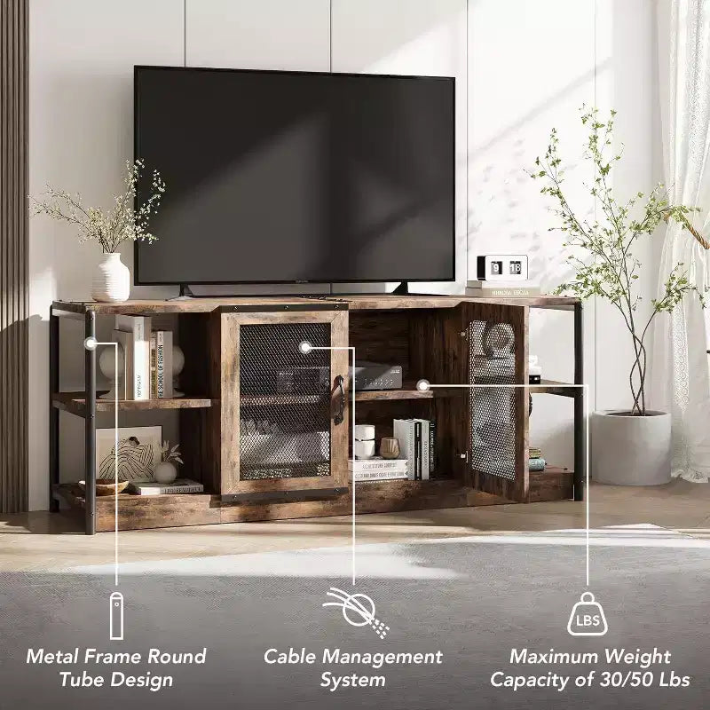 Meuble TV Acekool 63" style ferme - Console multimédia rustique avec portes grillagées pour TV jusqu'à 75 pouces