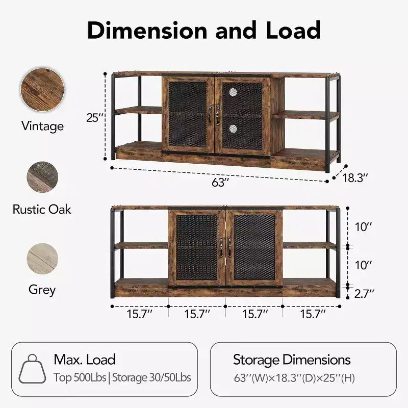 Meuble TV Acekool 63" style ferme - Console multimédia rustique avec portes grillagées pour TV jusqu'à 75 pouces