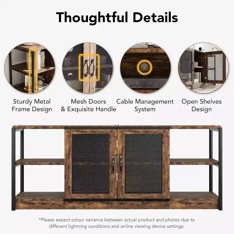Meuble TV Acekool 63" style ferme - Console multimédia rustique avec portes grillagées pour TV jusqu'à 75 pouces
