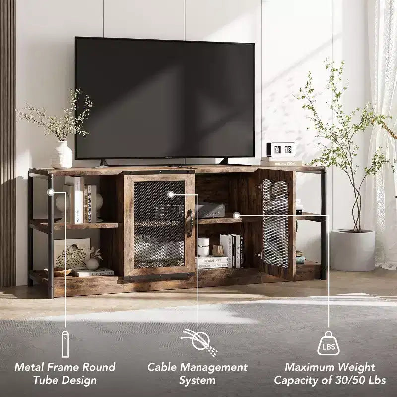 Meuble TV Acekool 63" style ferme - Console multimédia rustique avec portes grillagées pour TV jusqu'à 75 pouces