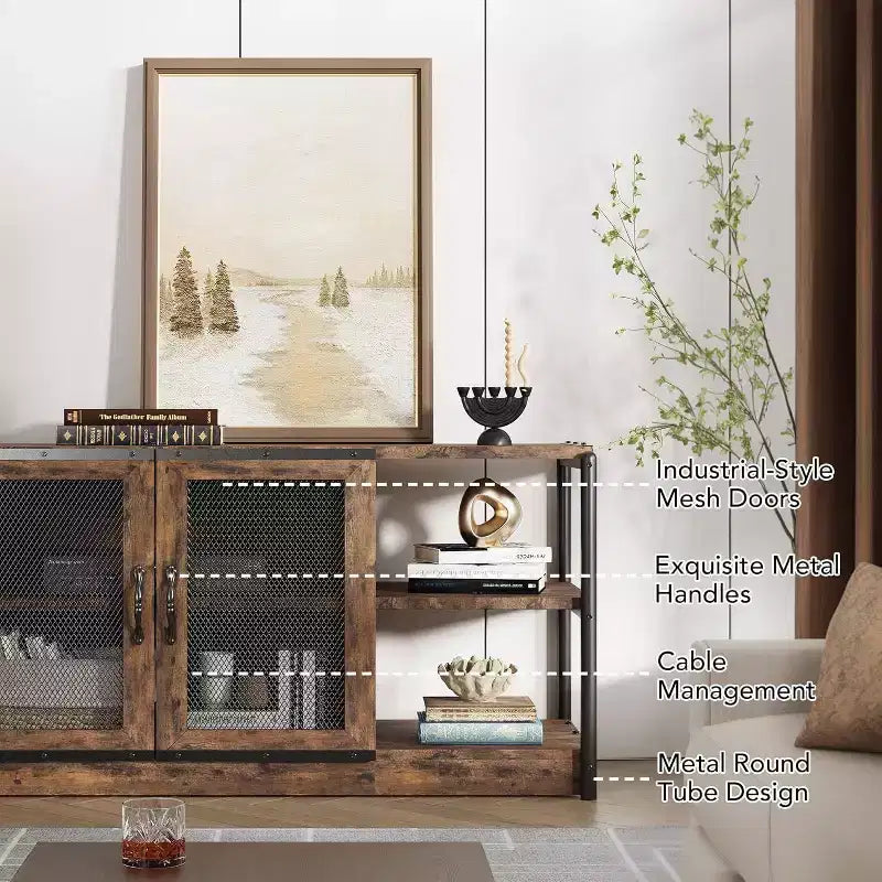 Meuble TV Acekool 63" style ferme - Console multimédia rustique avec portes grillagées pour TV jusqu'à 75 pouces
