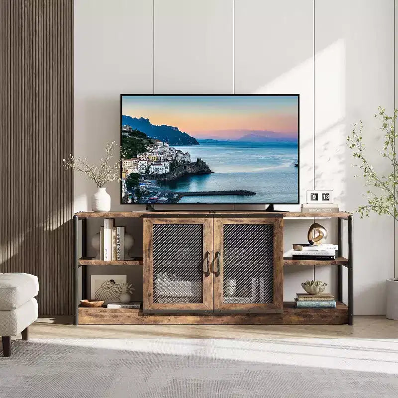 Meuble TV Acekool 63" style ferme - Console multimédia rustique avec portes grillagées pour TV jusqu'à 75 pouces