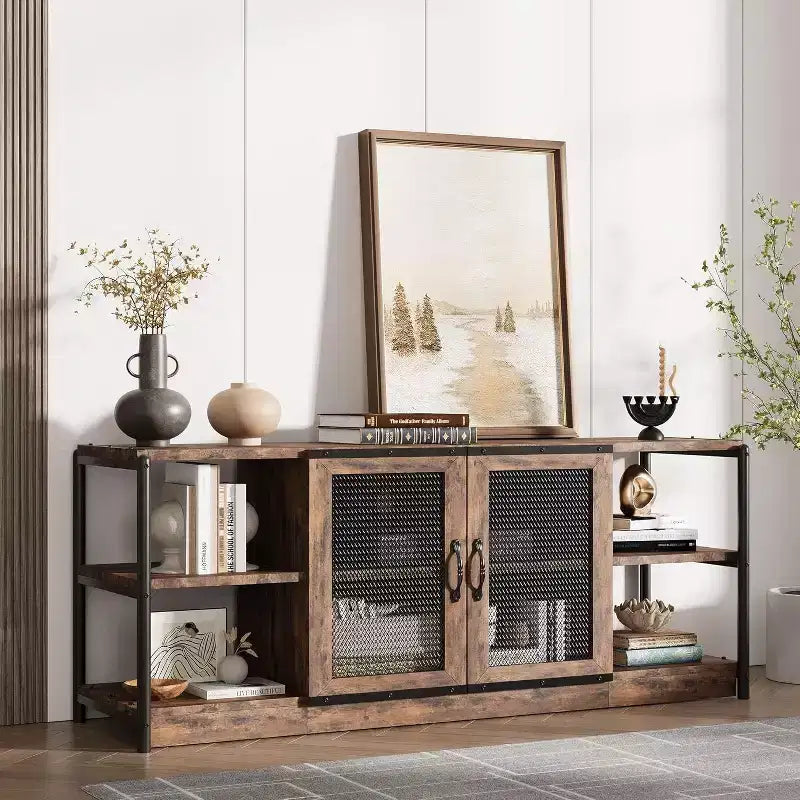 Meuble TV Acekool 63" style ferme - Console multimédia rustique avec portes grillagées pour TV jusqu'à 75 pouces