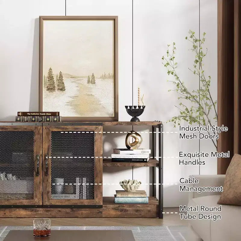 Meuble TV Acekool 63" style ferme - Console multimédia rustique avec portes grillagées pour TV jusqu'à 75 pouces