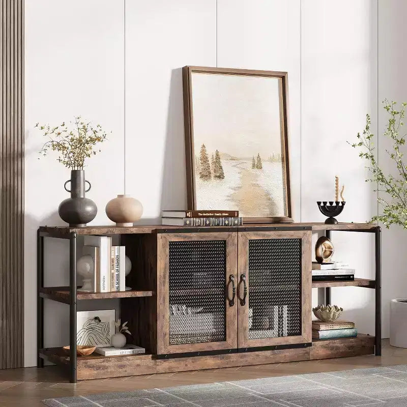 Meuble TV Acekool 63" style ferme - Console multimédia rustique avec portes grillagées pour TV jusqu'à 75 pouces