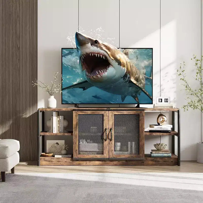 Meuble TV Acekool 63" style ferme - Console multimédia rustique avec portes grillagées pour TV jusqu'à 75 pouces