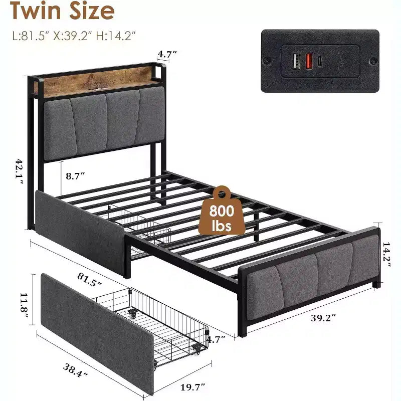 Lit Acekool Queen Size - Tête de lit avec rangement et prise de charge