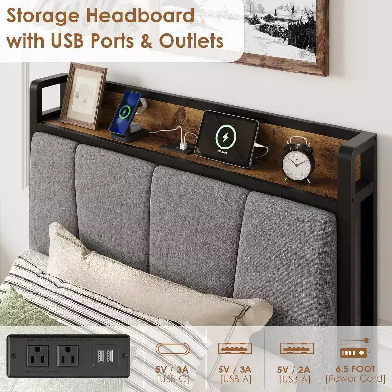 Lit Acekool Queen Size - Tête de lit avec rangement et prise de charge