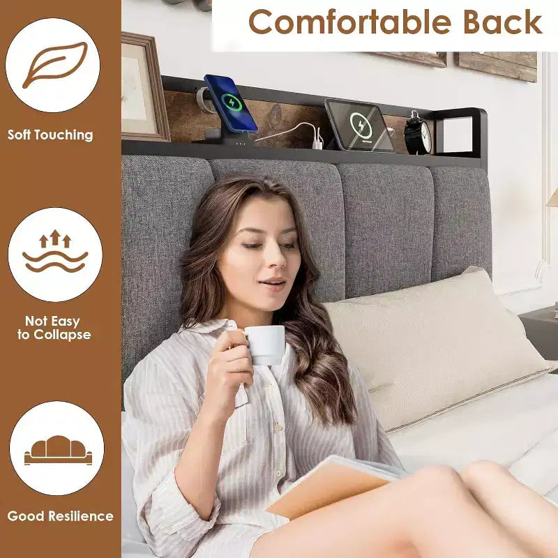 Lit Acekool Queen Size - Tête de lit avec rangement et prise de charge