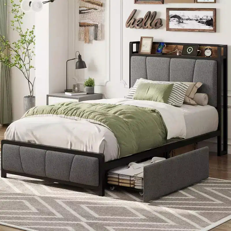 Lit Acekool Queen Size - Tête de lit avec rangement et prise de charge