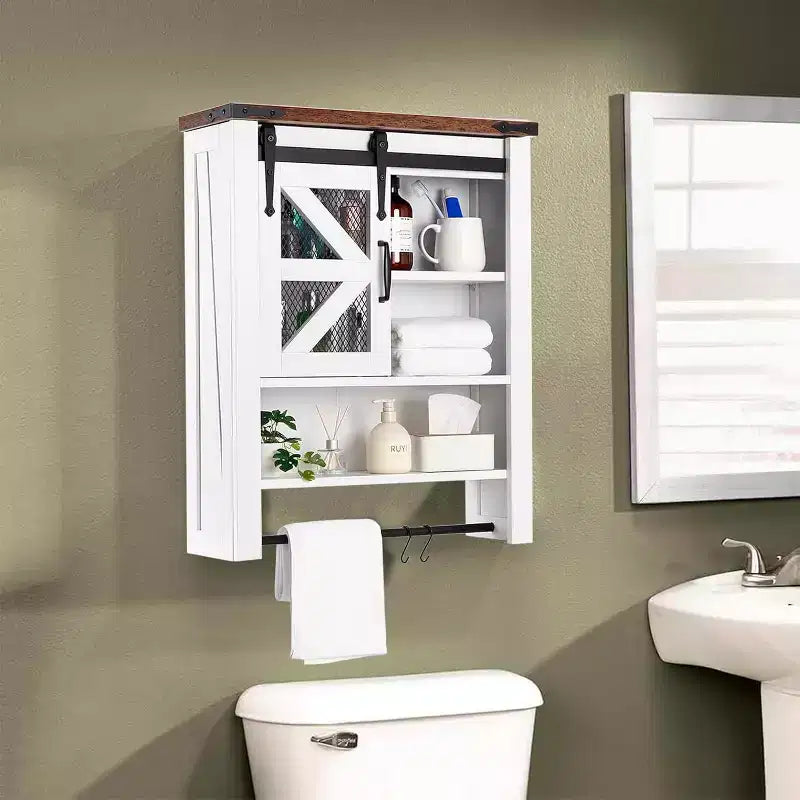 Meuble haut de salle de bain mural avec porte coulissante type grange et étagère réglable, meuble de rangement style ferme au-dessus des toilettes avec porte-serviettes, adapté pour la salle de bain
