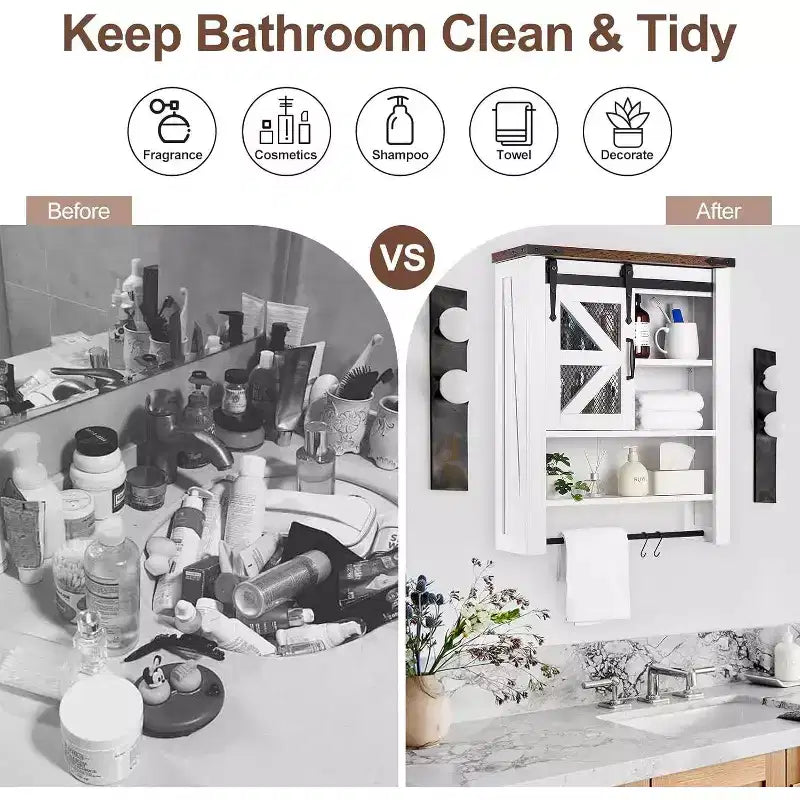Meuble haut de salle de bain mural avec porte coulissante type grange et étagère réglable, meuble de rangement style ferme au-dessus des toilettes avec porte-serviettes, adapté pour la salle de bain