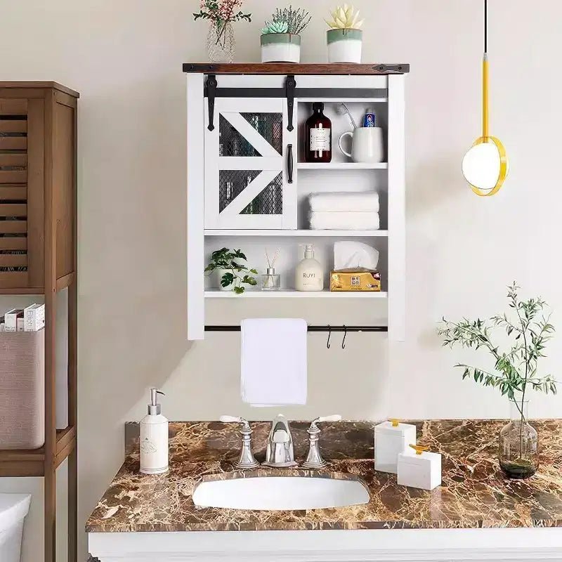 Meuble haut de salle de bain mural avec porte coulissante type grange et étagère réglable, meuble de rangement style ferme au-dessus des toilettes avec porte-serviettes, adapté pour la salle de bain