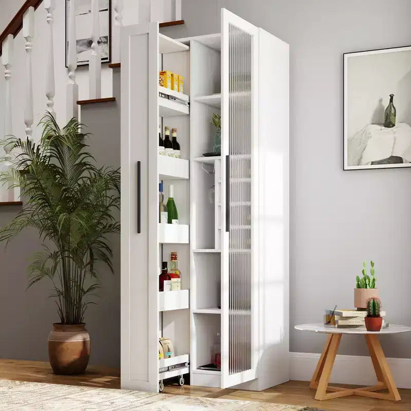 GDFStudio Dillon Armoire haute multifonctionnelle moderne en bois de 70,8 po avec étagères coulissantes et étagères à vin