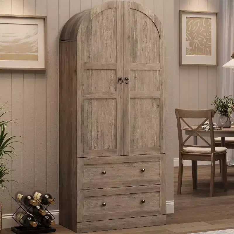 Grand garde-manger de ferme moderne de 183 cm de haut avec portes cintrées et tiroirs, grand meuble de rangement en bois avec étagères épaissies, idéal pour la cuisine