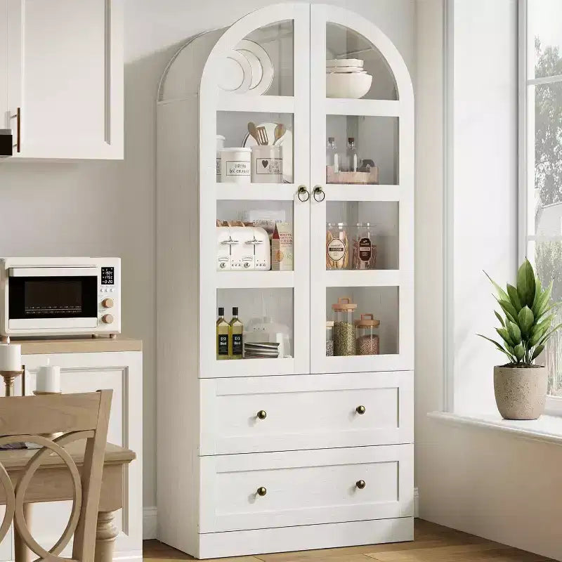 Grand garde-manger de ferme moderne de 183 cm de haut avec portes cintrées et tiroirs, grand meuble de rangement en bois avec étagères épaissies, idéal pour la cuisine