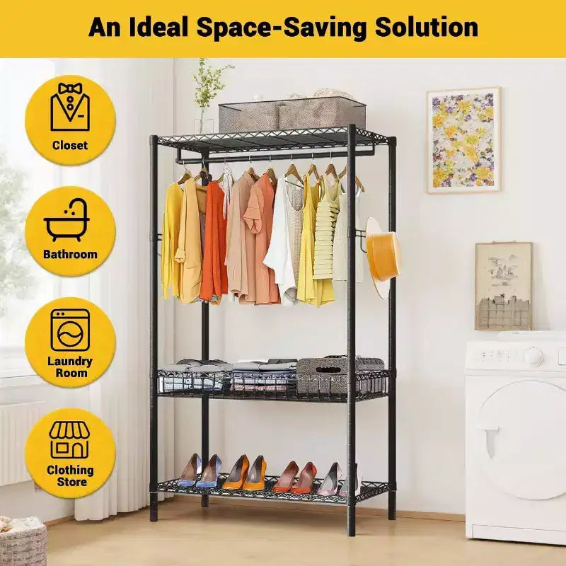 Portant à vêtements mobile robuste, tringle réglable à 3 niveaux avec roulettes verrouillables, rangement autoportant pour la maison