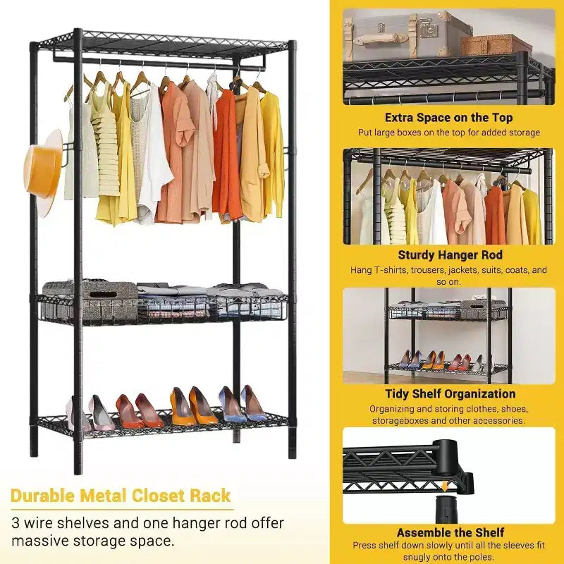 Portant à vêtements mobile robuste, tringle réglable à 3 niveaux avec roulettes verrouillables, rangement autoportant pour la maison