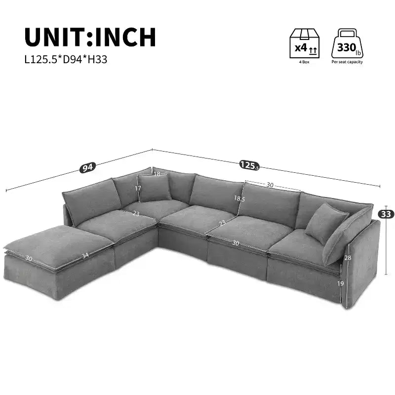 Canapé sectionnel modulaire en chenille 6 places de 125,5'', assise large avec pouf mobile, canapé surdimensionné pour salon ou appartement
