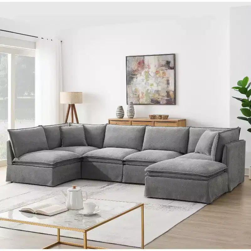 Canapé sectionnel modulaire en chenille 6 places de 125,5'', assise large avec pouf mobile, canapé surdimensionné pour salon ou appartement