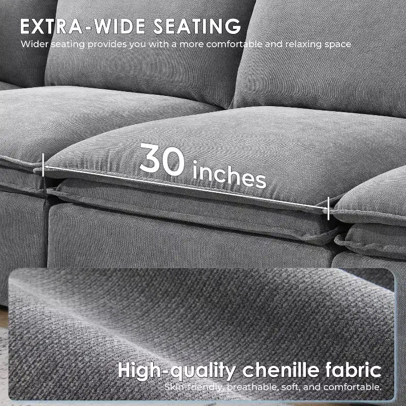 Canapé sectionnel modulaire en chenille 6 places de 125,5'', assise large avec pouf mobile, canapé surdimensionné pour salon ou appartement