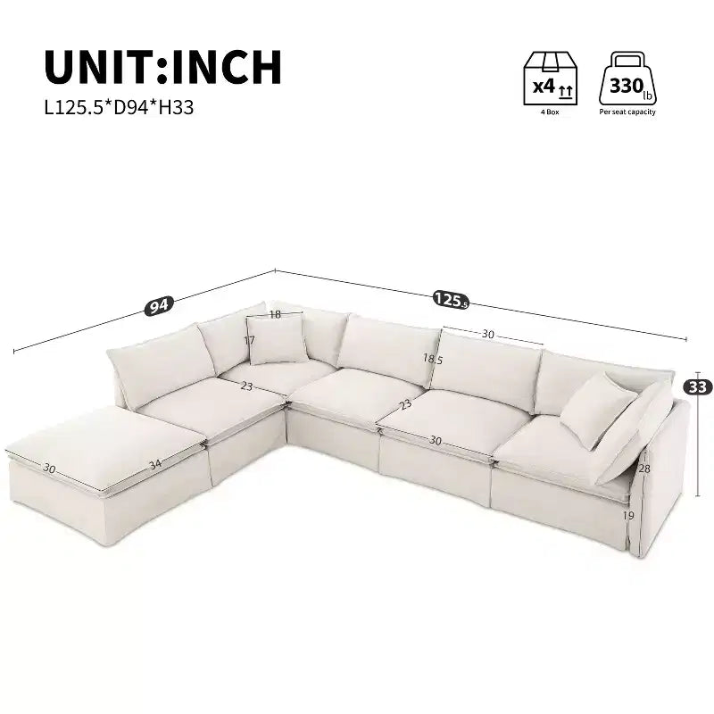 Canapé sectionnel modulaire en chenille 6 places de 125,5'', assise large avec pouf mobile, canapé surdimensionné pour salon ou appartement