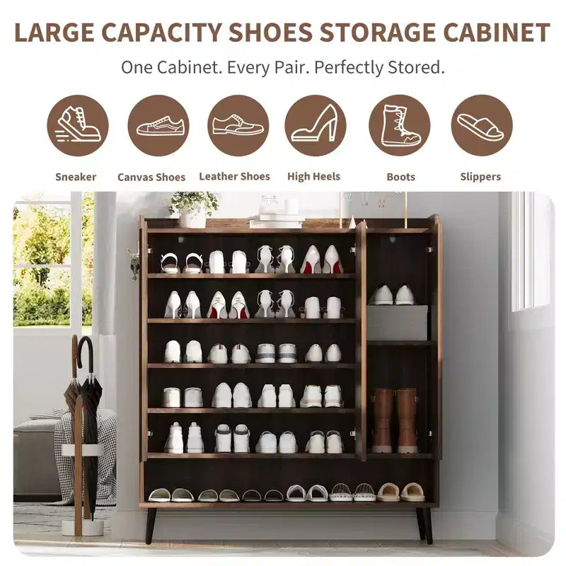 Grand meuble à chaussures avec 3 portes, 6 étagères, meuble de rangement pour chaussures d'entrée autoportant avec étagères réglables