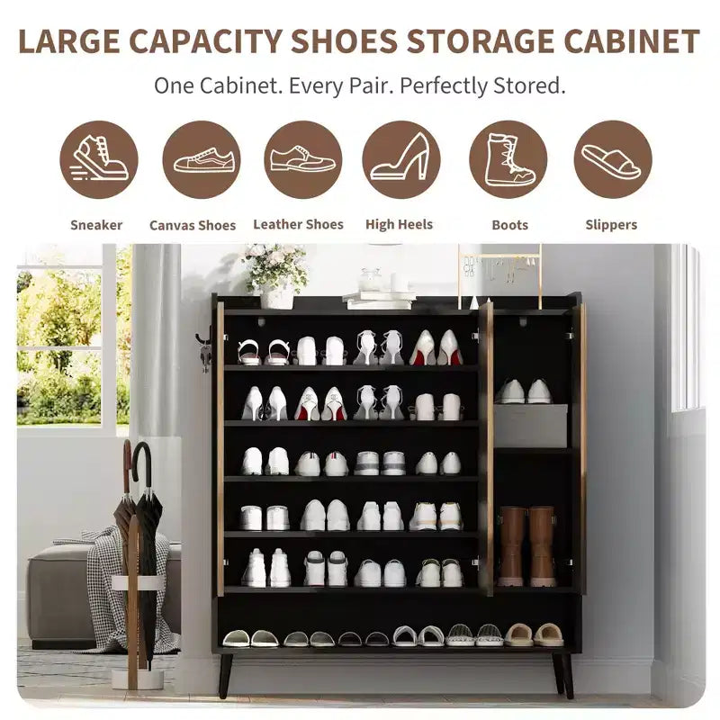 Grand meuble à chaussures avec 3 portes, 6 étagères, meuble de rangement pour chaussures d'entrée autoportant avec étagères réglables