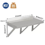 Étagère murale en acier inoxydable, certifiée NSF, fixation murale pour appareils et équipements, étagère métallique avec dosseret et deux équerres.