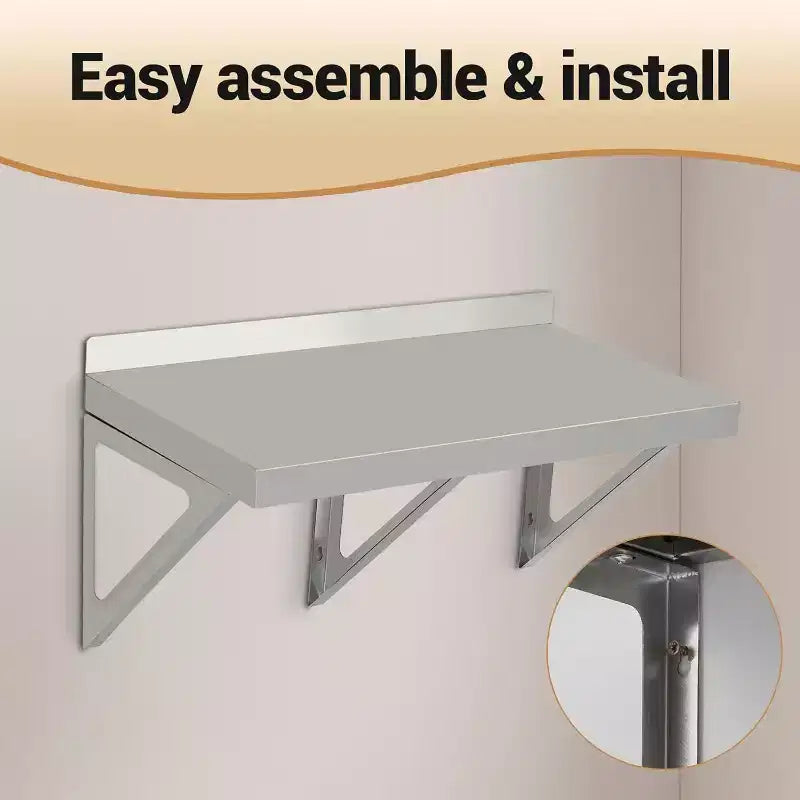 Étagère murale en acier inoxydable, certifiée NSF, fixation murale pour appareils et équipements, étagère métallique avec dosseret et deux équerres.