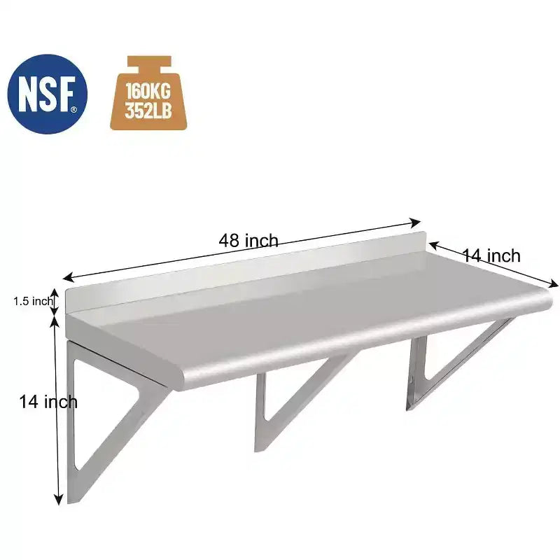 Étagère murale en acier inoxydable, certifiée NSF, fixation murale pour appareils et équipements, étagère métallique avec dosseret et deux équerres.