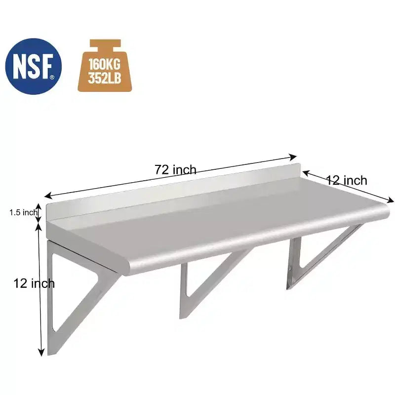 Étagère murale en acier inoxydable, certifiée NSF, fixation murale pour appareils et équipements, étagère métallique avec dosseret et deux équerres.