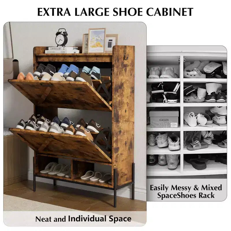 Meuble à chaussures avec 2 tiroirs basculants, Organisateur de rangement à chaussures autoportant pour entrée, Meuble de rangement étroit