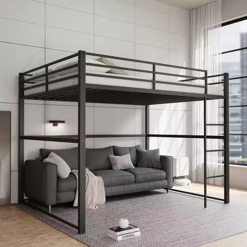 Lit mezzanine double en métal, cadre de lit mezzanine avec barrières de sécurité et échelle plate, lit mezzanine simple pour enfants, adolescents et adultes