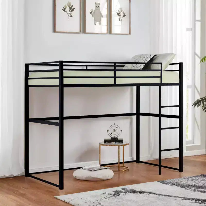 Lit mezzanine double en métal, cadre de lit mezzanine avec barrières de sécurité et échelle plate, lit mezzanine simple pour enfants, adolescents et adultes