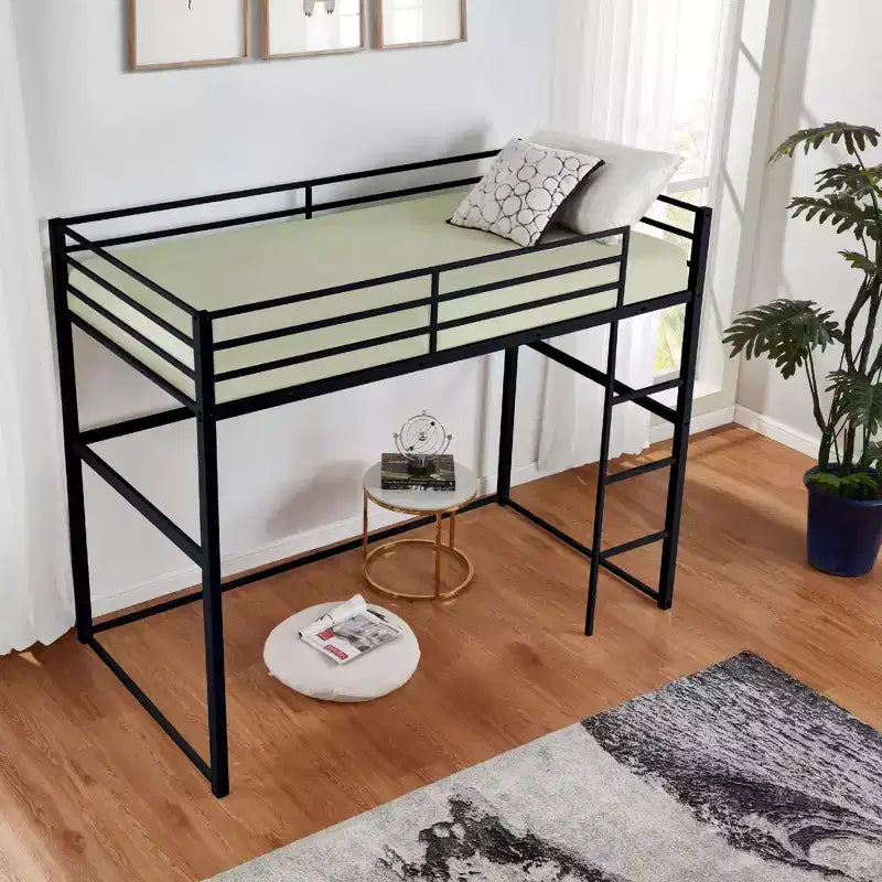 Lit mezzanine double en métal, cadre de lit mezzanine avec barrières de sécurité et échelle plate, lit mezzanine simple pour enfants, adolescents et adultes