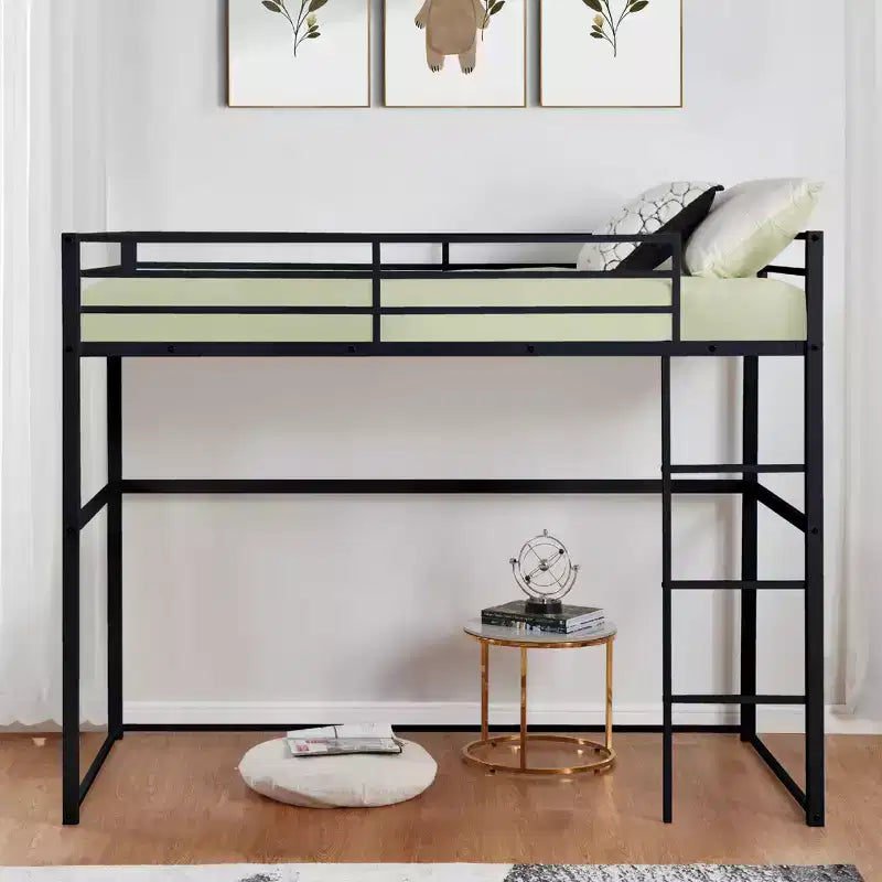 Lit mezzanine double en métal, cadre de lit mezzanine avec barrières de sécurité et échelle plate, lit mezzanine simple pour enfants, adolescents et adultes